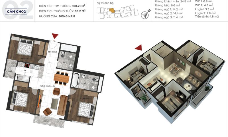 Mặt bằng chi tiết căn hộ CH02 tòa S1 có diện tích 99.2 m2
