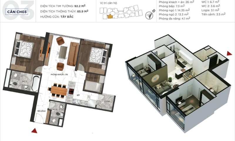 Mặt bằng chi tiết căn hộ CH03 tòa S1 có diện tích 85.9 m2