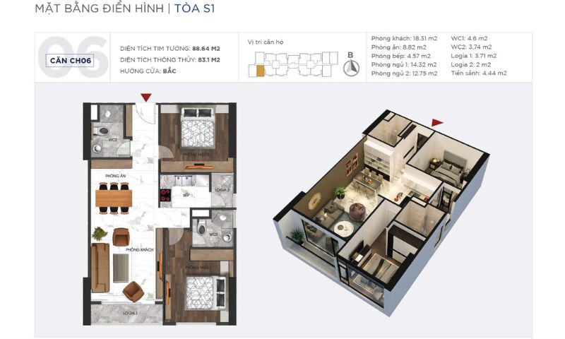 Mặt bằng chi tiết căn hộ CH06 tòa S1 có diện tích 83.1 m2